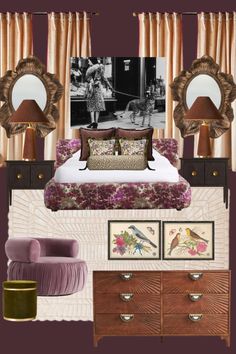 a collage of furniture and decor items including a bed, dresser, mirror, chair