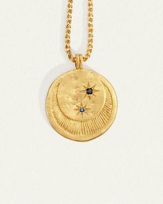 A heavenly 18k gold vermeil coin pendant with blue sapphire stars & moon. Shop our beloved Celeste Necklace. Lotus Earrings, Byron Bay Australia, Gold Vermeil Jewelry, Blue Topaz Stone, Disc Pendant, Ancient Coins, Vermeil Jewelry, Topaz Stone, Natural Blue Sapphire