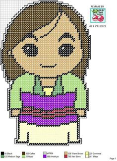 a cross stitch pattern for a girl with brown hair and green shirt