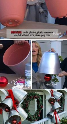 a collage of photos showing how to make christmas wreaths with buckets and bells