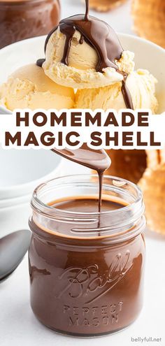 homemade magic shell ice cream in a mason jar with chocolate sauce drizzled on top