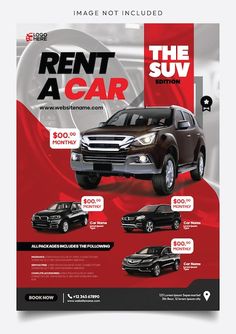 rent a car flyer is shown in red and black with an image of a suv