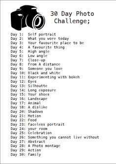 the 30 day photo challenge is shown in black and white, with an image of a camera