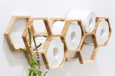 a bunch of rolls of toilet paper hanging on a wall next to a potted plant