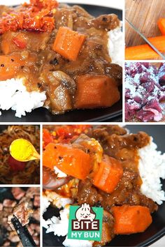 the collage shows different types of food including meat, rice and carrots on black plates