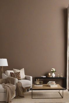 Espresso wall paint, living room decor, neutral tones, cozy space Wall Paint Earth Tones, Brown Painted Walls Living Room, Brown Paint Living Room Walls, Brown Beige Interior, Brown Walls Office, Brown Wall Office, Brown Room Paint, Brown Bedroom Paint Colors, Beige Wall Paint Colors