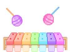 the pixel art is colorful and has an image of a ball of yarn on it