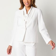 This Black Label by Evan-Picone women's white single-breasted suit jacket is designed to keep you looking stylish and sharp. It's crafted from a smooth stretch-crepe for a classic-fit and features long vent sleeves, two front slip pockets and a button closure. Pair it with the matching dress pants for a chic monochromatic look. Front Style: Single BreastedFeatures: Stretch FabricClosure Type: ButtonFit: Classic FitPockets: 2 Front Slip PocketsSleeve Length: Long SleeveSleeve Style: Vent SleeveAp Tailored White Blazer For Work, White Tailored Blazer For Office, White Tailored Blazer For Work, White Tuxedo Style Outerwear With Single Button, White Single Button Blazer For Work, White Notch Lapel Blazer For Office, White Single Button Blazer For Office, Modern White Single Button Blazer, White Suit Collar Blazer For Office