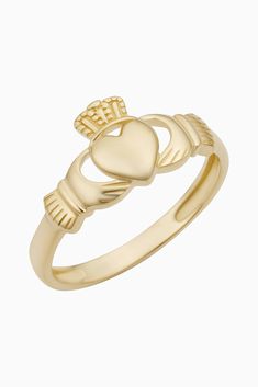 Let this Irish inspired piece guide you with all you hold dearest. A solid gold heart topped with a crown and hugged by a pair of hands, the Claddagh is an eternal symbol of love, loyalty and friendship.  Metal: 14 Karat Yellow Gold Dimensions: 4mm Wide Weight: 1.9 Grams Origin: Crafted in Istanbul, Turkey Claughdaugh Ring, Eternal Symbol, Hug Ring, Irish Ring Claddagh, Irish Rings, Irish Claddagh, Claddagh Ring, Claddagh Rings, Heart Top