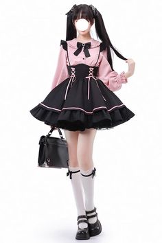 Landmine Style, Jirai Kei Fashion, Strap Skirt, Black Suspenders, Kei Fashion, Black Overalls, Style Kawaii, Jirai Kei, Kawaii Fashion Outfits