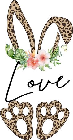 an animal print with the word love written in black and white, surrounded by flowers