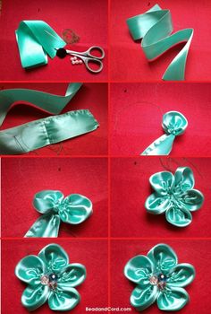 step by step instructions on how to make an origami flower with satin ribbon