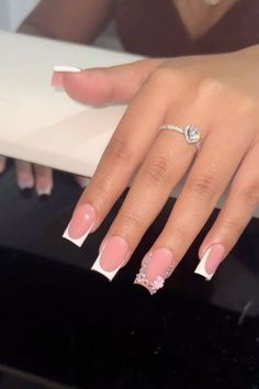 Pink French Nails With Rhinestones, Latina Short Nails, Short Square Nails With Rhinestones, Short Latina Nails, Acrylic Nail Art Ideas, Spring Nail Designs, Girly Acrylic Nails, Brighter Days