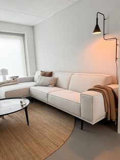 a living room filled with furniture and a large window next to a rug on the floor