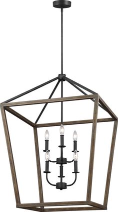 a chandelier with four lights hanging from it's center point, and an open hexagonal design