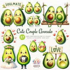 cute avocado cliparts with different expressions for wedding and valentine's day