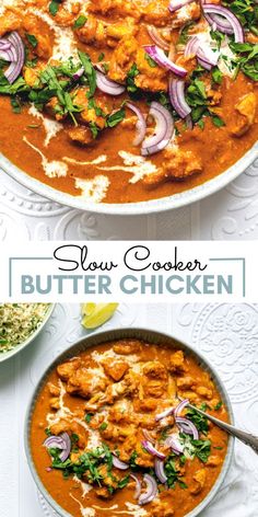 slow cooker butter chicken in a bowl with onions and cilantro