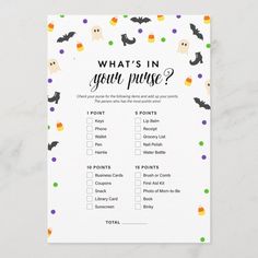 Halloween theme what's in your purse shower game Editable Blank Whats In Your Purse, Card Book, Library Card, Halloween Theme, First Aid Kit