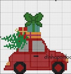 a cross stitch pattern with a red car carrying presents on the roof and trees in the back