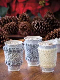 three cups are sitting on a table with pine cones in the background