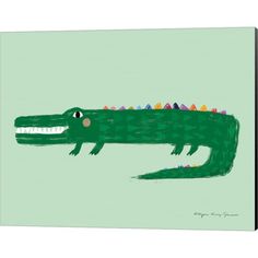 an illustration of a green alligator with colored spikes on its back's head and eyes