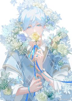 an anime character with blue hair holding a flower in his hand and looking at the camera