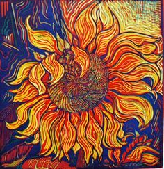 a painting of a sunflower on a blue background