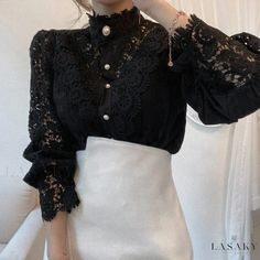 Lasaky - Luxurious Long Sleeve Top for Women with Intricately Designed Patterns Women Lace Blouse, Stand Collar Shirt, Straight Clothes, Patch Work Blouse, Patchwork Shirt, White Lace Blouse, Elegant Embroidery, Petal Sleeve, Lace Cutout