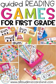 a collage of games for first grade students to practice their reading skills and spelling