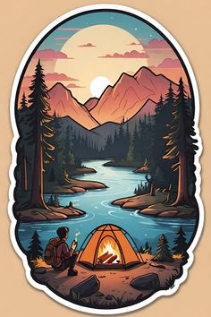 a sticker depicting a camping scene with a man sitting in front of a campfire