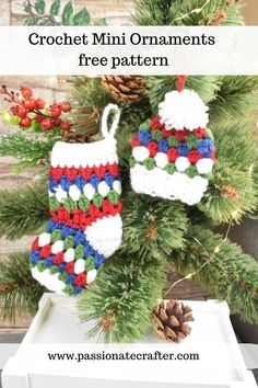 two crocheted christmas stockings hanging from a tree with pine cones and berries in the background