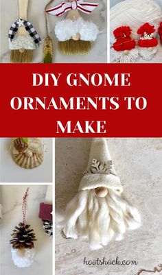 christmas ornaments made out of yarn and pine cones with text overlay that says diy gnome ornaments to make