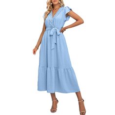 Light Blue V Neck Tie Waist Casual Dress Blue Short Sleeve Belted Midi Dress, Blue Belted Midi Dress With Short Sleeves, Blue Belted V-neck Maxi Dress, Blue Belted Short Sleeve Maxi Dress, Casual Blue Belted Maxi Dress, Blue Belted Dress For Beach, Blue Belted Beach Dress, Blue Belted Dress For The Beach, Casual Blue Belted Dress