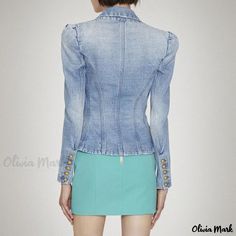 Olivia Mark - Stylish Light Blue Double Breasted Tailored Denim Blazer featuring Chic Gold Button and Peak Lapel Mini Slip, Denim Blazer, Peak Lapel, Mini Slip Dress, Gold Buttons, Button Detail, Olivia Mark, Medium Blue, Double Breasted