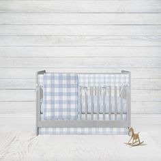 Light Blue Gingham Crib Bedding 4 - Piece Set, Blue Nursery Bedding - The Creative Raccoon Farmhouse Crib, Blue Crib Bedding, Light Blue Nursery, Nursery Blue, Mini Crib Bedding, Blue Nursery Boy, Blue Crib, Nursery Throw Pillows, Neutral Crib