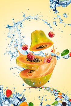 fruit falling into the water with splashing on it's sides and fruits in the air