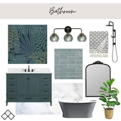 bathroom design board with green and gray accents