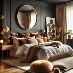 a bedroom with a large bed and round mirror on the wall above it's headboard