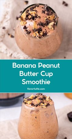 banana peanut butter cup smoothie with chocolate chips on top