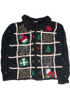 This is a vintage ugly Christmas sweater! That means: 1. We only have one — so you can’t choose a different size or quantity. 2. The size listed on the original tag may not be an accurate indication of the fit. The chest / bust size and length measurements are the most accurate way to estimate the fit. Retro Long Sleeve Christmas Sweater, Vintage Sweater For Holiday And Fall, Vintage Sweater For Fall Holiday, Black Festive Winter Outerwear, Festive Black Winter Outerwear, Black Winter Festive Outerwear, Vintage Black Winter Top, Vintage Black Tops For Winter, Christmas Cardigan