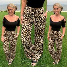 Women's Leopard Print Wide Leg Pants Leopard Pants Upgrade your wardrobe with these fabulously fierce leopard print palazzo pants! Made from super soft and lightweight material, these versatile pants can take you from the office to your PTO seamlessly. Embrace the wild side of fashion with these stylish and comfortable must-haves! Details Available in sizes S-L Tie Front at Waist High Waisted Elastic at Back Pockets Light Weight Material for year round wear Sizing Small: 2/4, Medium: 6/8, Large: Leopard Print Pants For Summer Loungewear, Leopard Print Loungewear Bottoms For Spring, Leopard Print Loungewear Pants For Summer, Trendy Leopard Print Summer Pants, Chic Leopard Print Summer Pants, Trendy High Waist Leopard Print Pants, Stretch Wide Leg Leopard Print Pants, Summer Loungewear Leopard Print Pants, Casual Full Length Leopard Print Pants