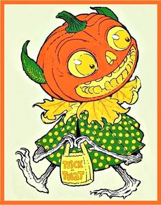 a drawing of a pumpkin wearing a dress and holding a bag