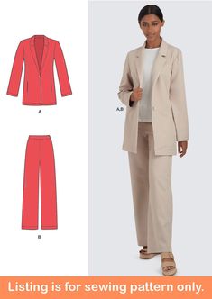 Sewing Pattern Make Formal Suits for Women Physical Paper Pattern Uncut and Factory Folded This listing is for one sewing pattern to make all of the items listed below.  Directions and pattern pieces are included.  Please note that anything else shown as well as any fabric or supplies needed are not included. This classic two-piece suit is just right for work or formal occasions.  Sew a suit jacket with long sleeves, fold-over collar, front button closure, and princess seaming.  Matching pants h Formal Suits For Women, Suit Sewing Patterns, Formal Pants, Sewing Clothes Women, Suit Pattern, Classic Suit, Formal Suits, Work Pants, Blazer Coat