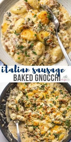 two images showing different types of baked gnocchini in a skillet and on the same plate