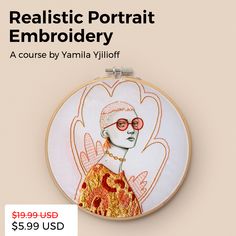 an embroidery project featuring a woman with sunglasses and a gold necklace on the cover of a magazine called realistic portrait embroiderry