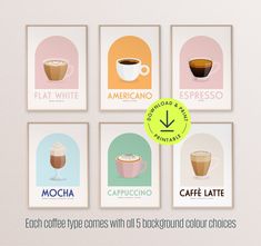 four different types of coffee posters on a white background with the words each coffee type comes with 5 background color choices