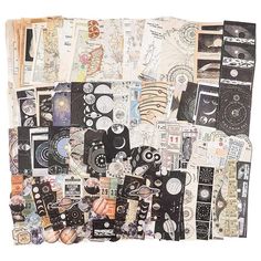 a collage of many different types of stickers and paper on a white background