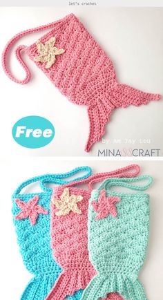 two crocheted purses are shown with the words free written on them in blue, pink and green