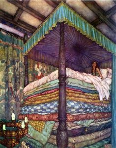 a painting of a woman laying on top of a bed with an umbrella over it