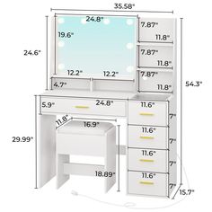 an image of a white dressing table with drawers and mirror on it's side